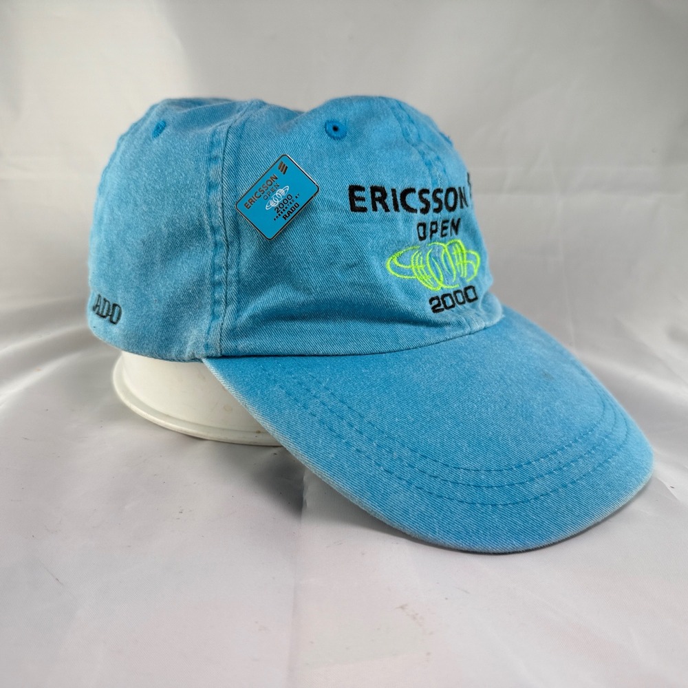 Vtg 2000 Ericsson Open Tennis Hat W Pin Adams Mens Blue Cotton Leather Y2k Dad